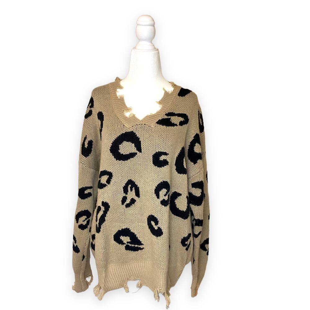 Leopard Sweater Distressed V-Neck Size Small
